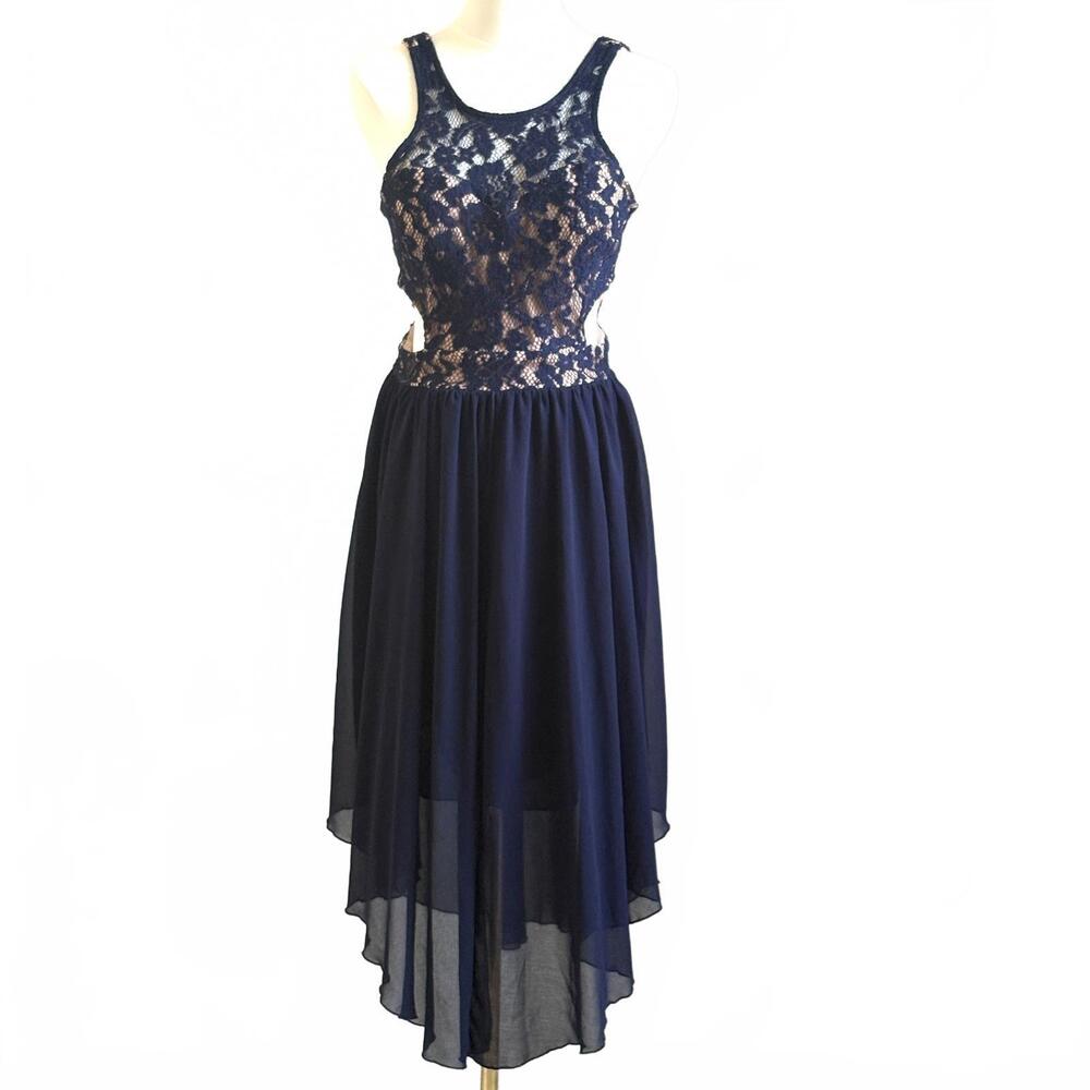City Studio | Navy Blue Lace Top Racerback Open Side Prom Formal Dress Size 3